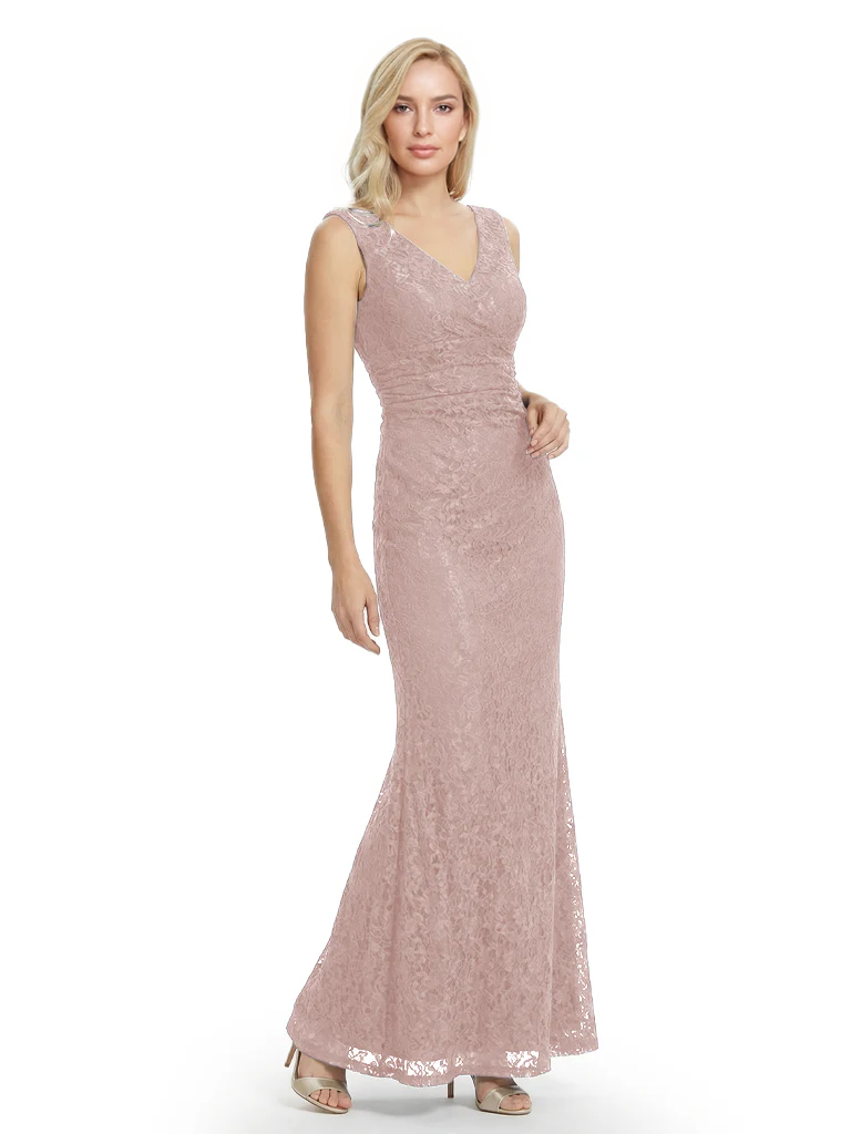 Mother of The Bride Dresses V-Neck Sleeveless Lace Mermaid Maxi Gown Elegant Flowy Formal Wedding Event Dress