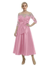 Unique Off Shoulder Tea-Length Satin Mother Of The Bride Dress With Lace Illusion