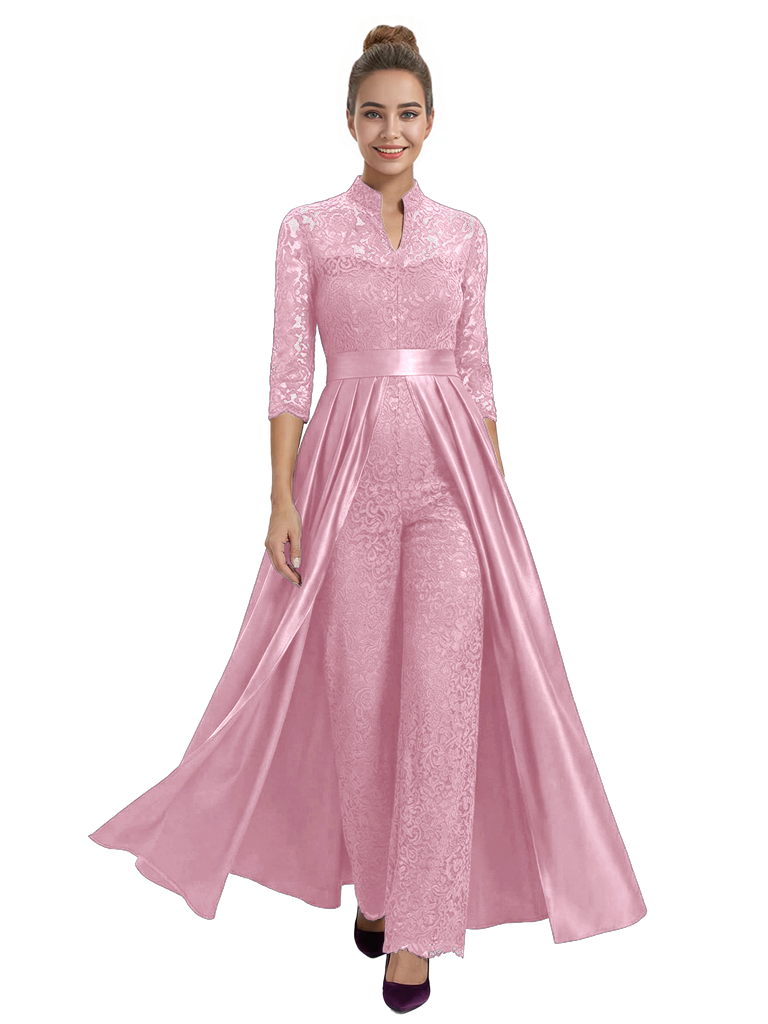 Mother of The Groom Outfit V-Neck 3/4 Sleeve Lace Pantsuit Satin Overskirt