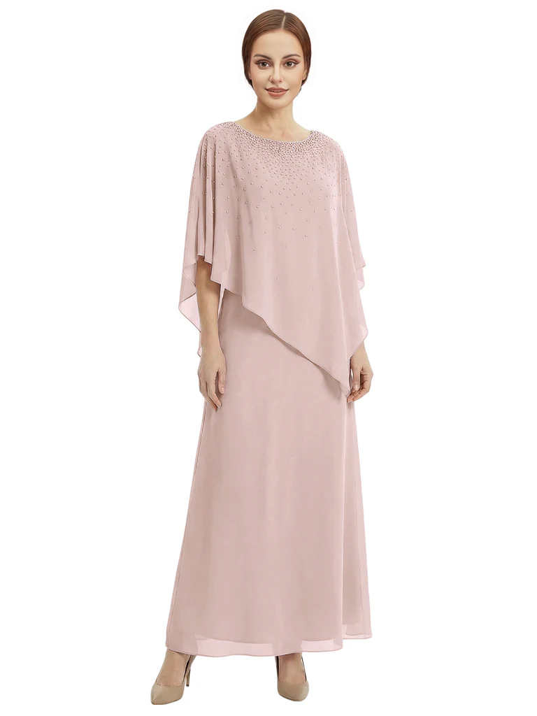 Classy Beaded Chiffon Overlay Poncho Style Mother of the Bride Gown