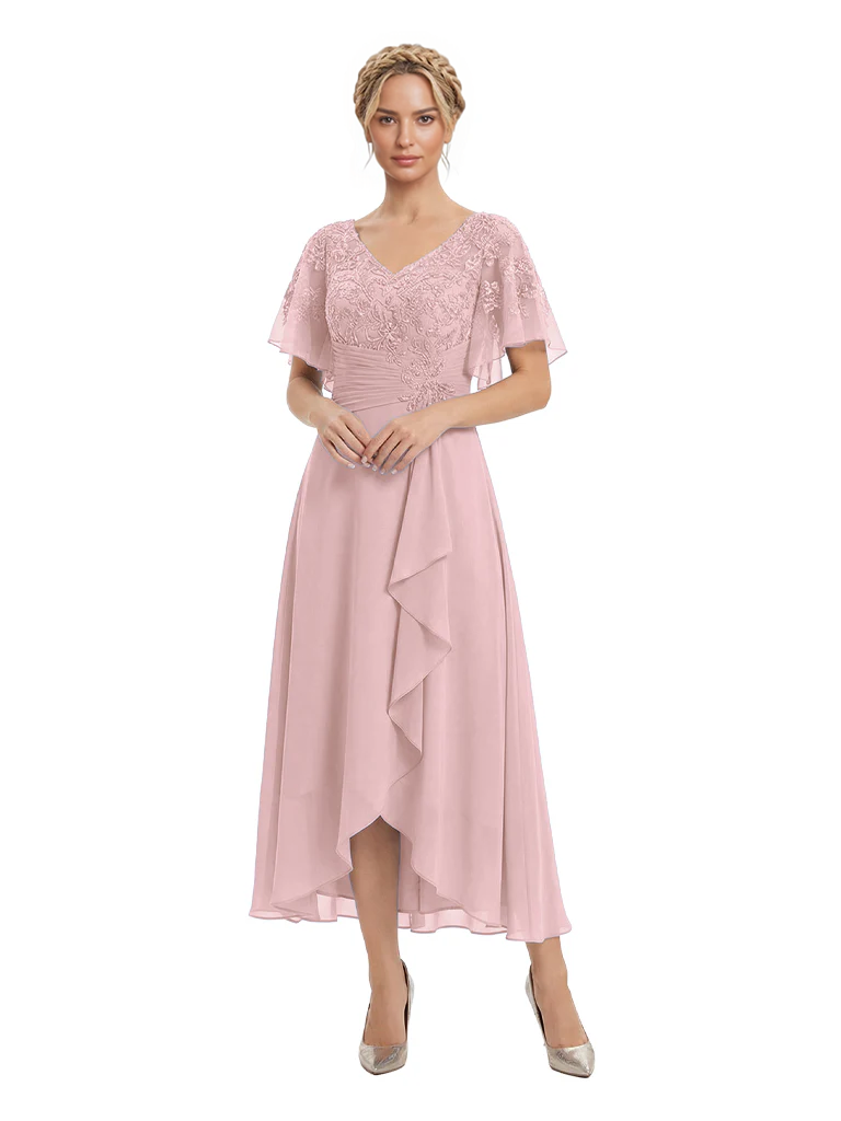 Unique Flutter Sleeves Lace Beaded Short Mother of the Groom Dresses