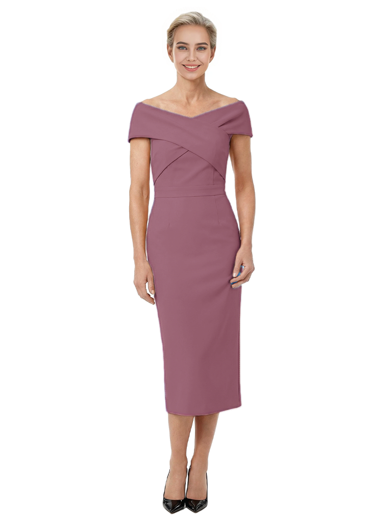 Mother of The Bride Dress Classy Off Shoulder Crepe Sheath Midi Gown Modern Wrap Detail