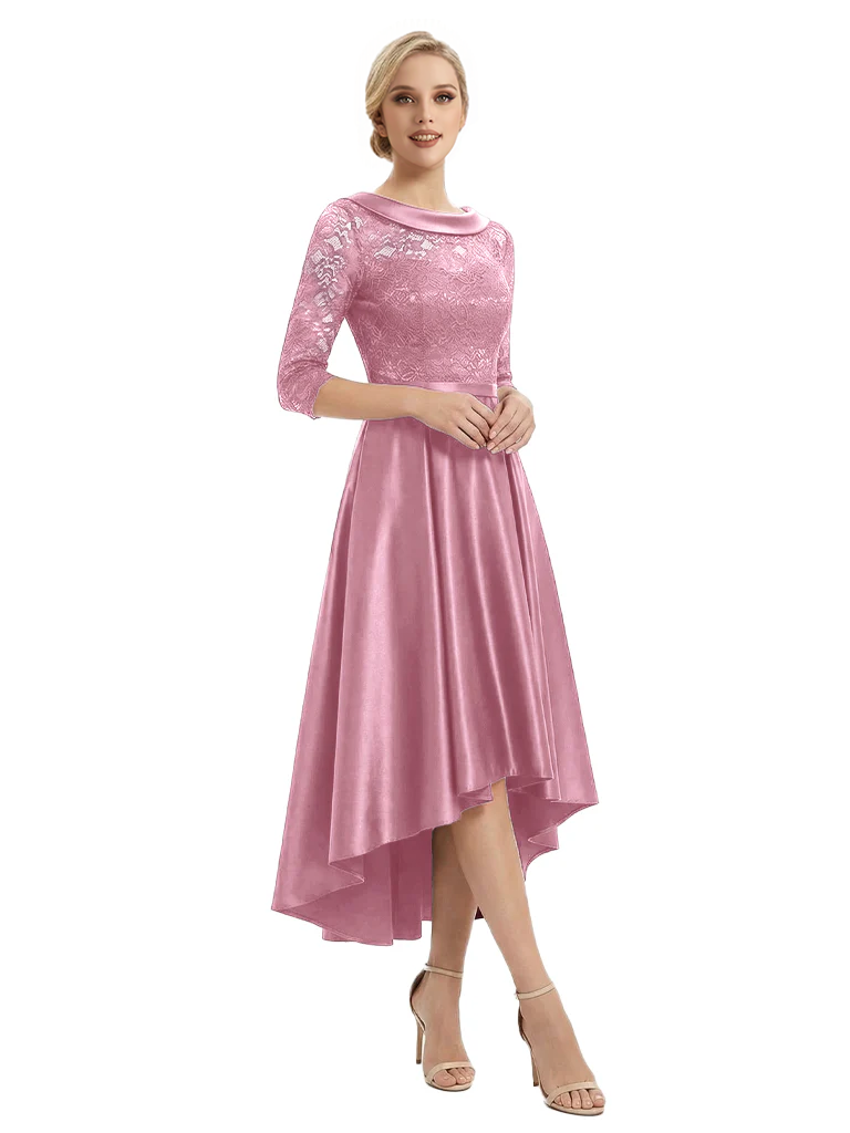 Elegant Boat Neck Satin Lace Mother Of The Bride Dresses High-Low A-Line Gowns