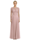 Mother of The Bride Dresses Scoop Long Sleeve Lace Chiffon Maxi Gown Pretty Embroidered Formal Wedding Event Attire