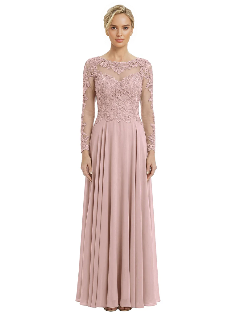 Mother of The Bride Dresses Scoop Long Sleeve Lace Chiffon Maxi Gown Pretty Embroidered Formal Wedding Event Attire
