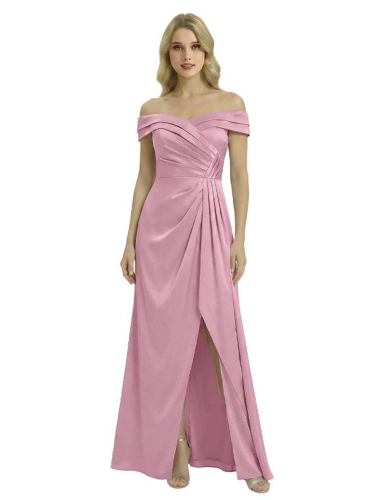 Off The Shoulder Mother Of The Groom Dresses Side Slit Satin Ruched A-Line Gown
