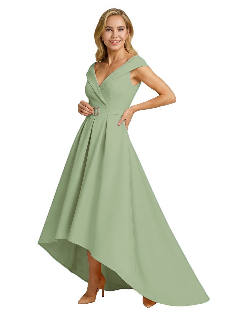 Mother of The Groom Dress Fancy Cap Sleeve Crepe High-Low A-Line Gown Elegant Belt Accent