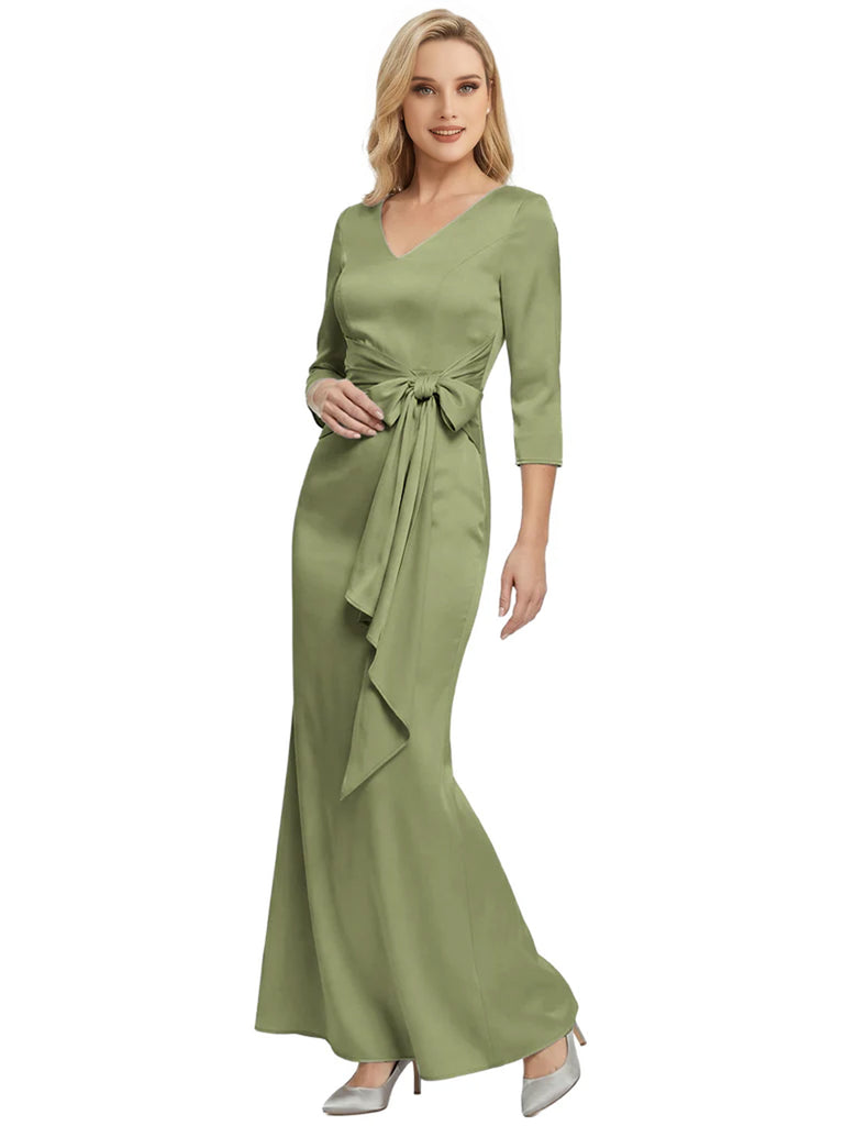 Mother of The Bride Dress Elegant V-Neck 3/4 Sleeve Satin Trumpet Maxi Gown