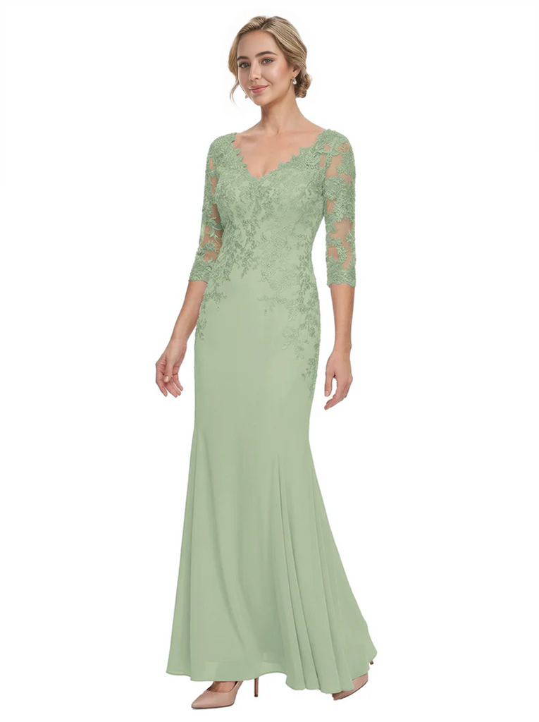 Mother of The Bride Gown V-Neck Half Sleeve Lace Chiffon Trumpet Maxi Dress Unique Sophisticated