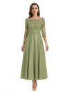 Mother of The Groom Dress Off Shoulder 3/4 Sleeve Lace Satin Midi Gown Classy Pleated