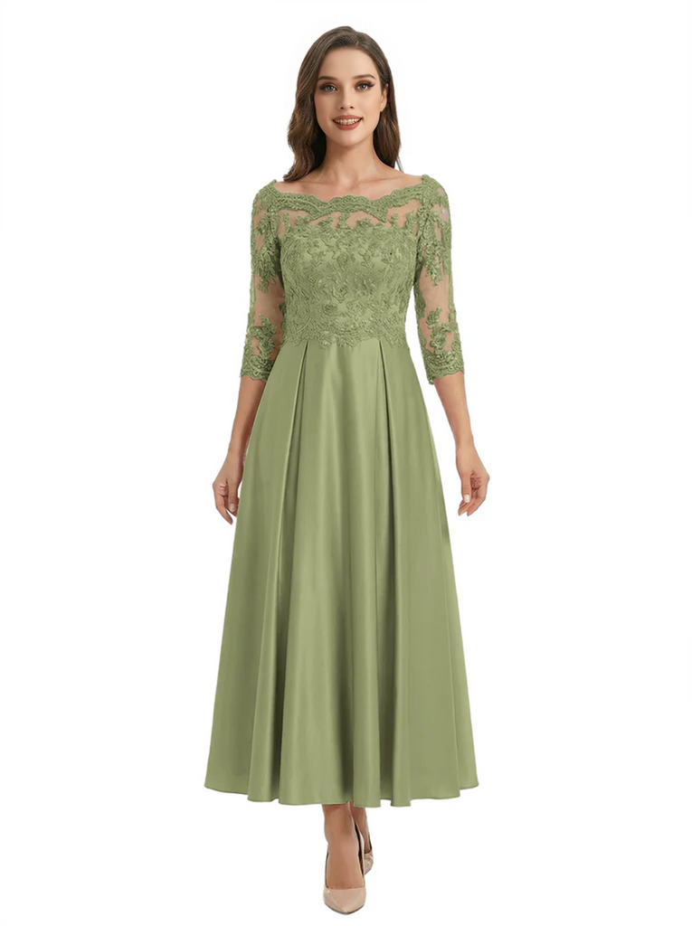 Mother of The Groom Dress Off Shoulder 3/4 Sleeve Lace Satin Midi Gown Classy Pleated
