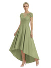 Elegant Mother of The Bride Dress Scoop Short Sleeve Lace Satin High-Low A-Line Gown