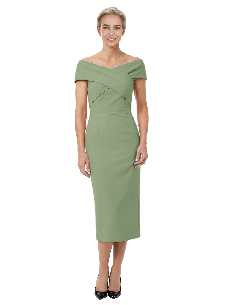 Mother of The Bride Dress Classy Off Shoulder Crepe Sheath Midi Gown Modern Wrap Detail