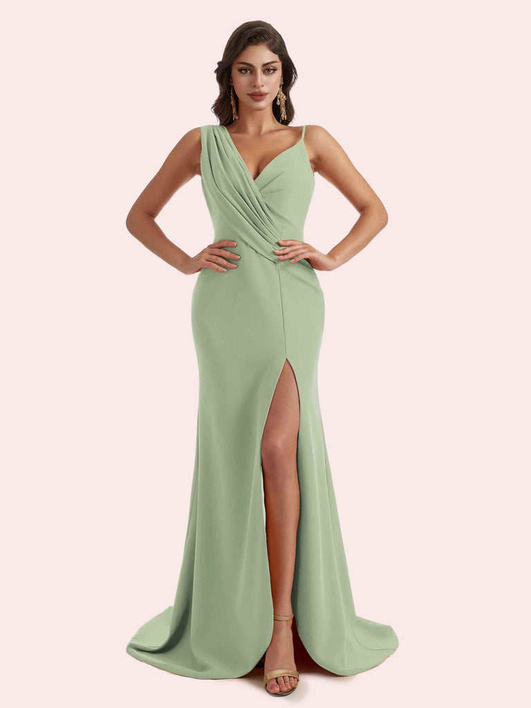 v-neck crepe mermaid bridesmaid dress White Wedding Dress 2026 Mermaid Stretch Crepe Sleeveless V-neck Long