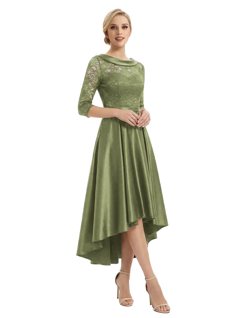 Elegant Boat Neck Satin Lace Mother Of The Bride Dresses High-Low A-Line Gowns