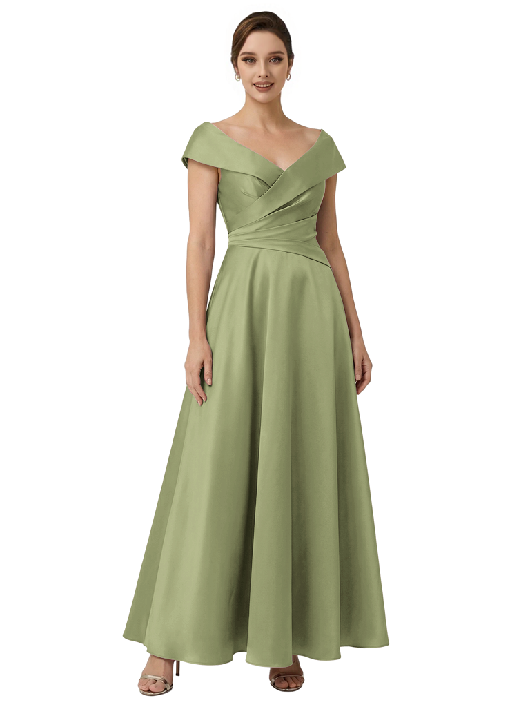 Sophisticated Off Shoulder Sleeveless A-Line Satin Mother Of The Bride Dress