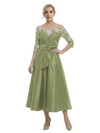 Unique Off Shoulder Tea-Length Satin Mother Of The Bride Dress With Lace Illusion