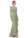 V-Neck Long Sleeves Ruffle Crepe Mother Of The Groom Dress Mermaid