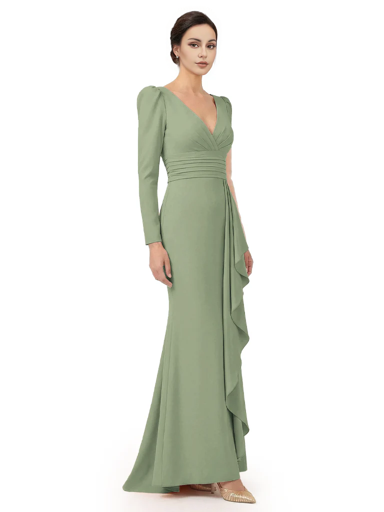 V-Neck Long Sleeves Ruffle Crepe Mother Of The Groom Dress Mermaid