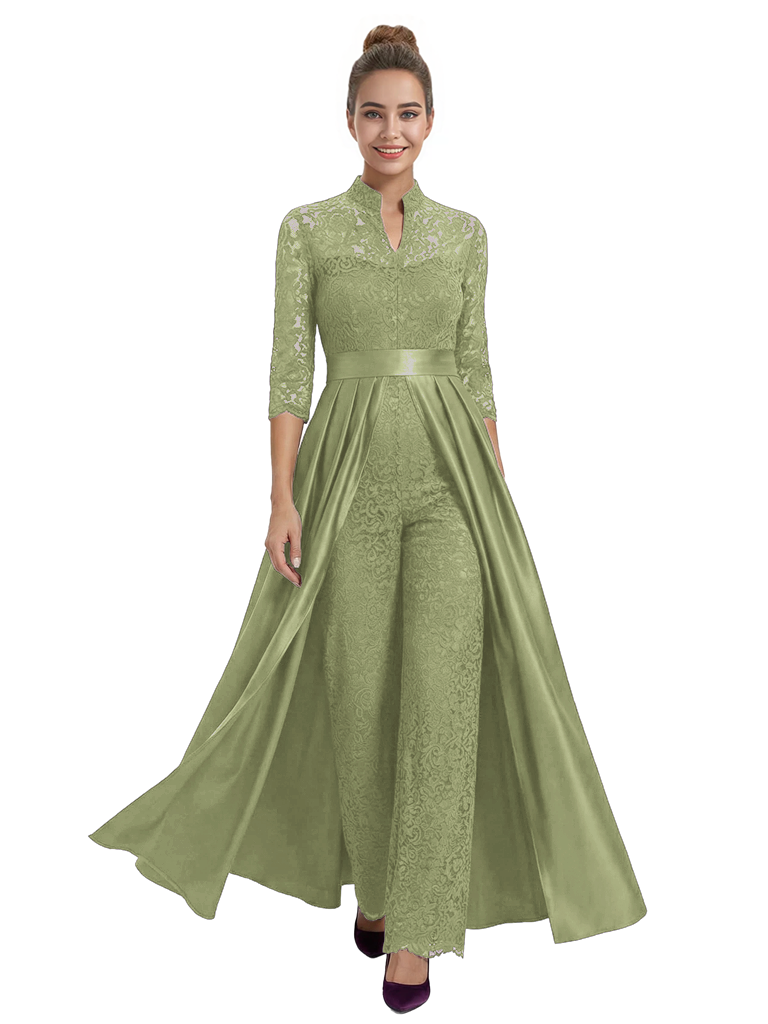 Mother of The Groom Outfit V-Neck 3/4 Sleeve Lace Pantsuit Satin Overskirt