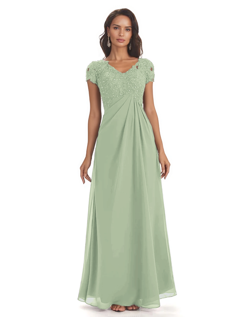 Elegant Short Sleeves Beaded Pleats A-line Floor-Length Mother of The Bride Dresses