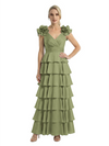 Mother of The Bride Dresses V-Neck Sleeveless Satin Tiered Maxi Gown Unique Flower Detailed Formal Wedding Event Attire