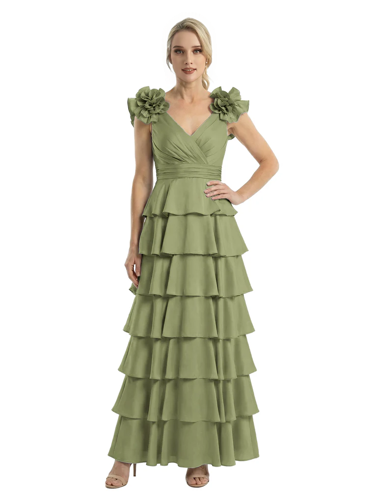 Mother of The Bride Dresses V-Neck Sleeveless Satin Tiered Maxi Gown Unique Flower Detailed Formal Wedding Event Attire