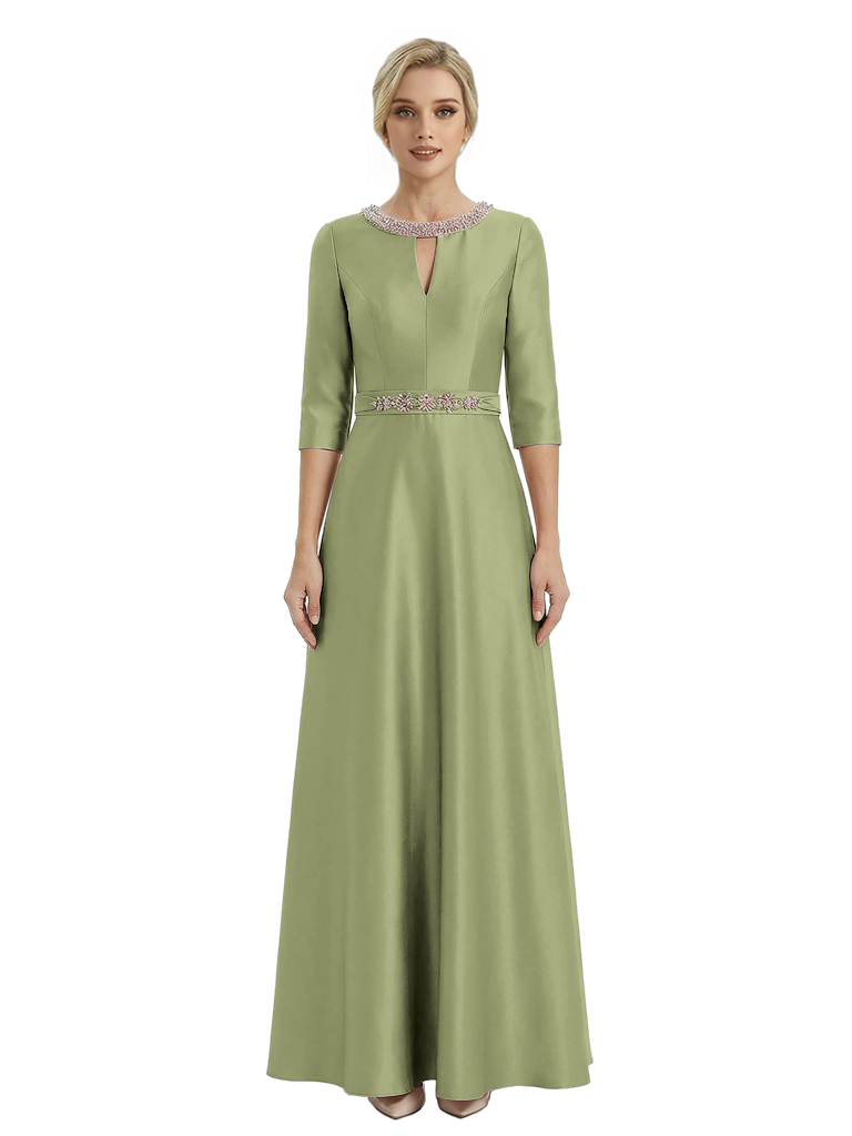 Sophisticated 3/4 Sleeves Beaded A-Line Satin Mother Of The Bride Dress