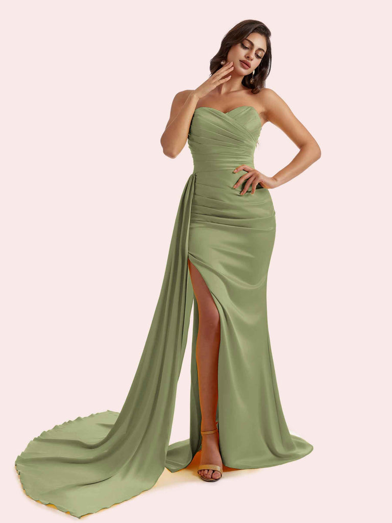 Cetims Elegant Sweetheart Mermaid Pleats Side Split Soft Satin Long Bridesmaid Dress For Wedding Sage