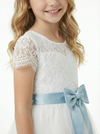 Lace Bodice Flower Girl Dress with Spaghetti-Straps Short Sleeves Tulle Knee Length Princess Gown
