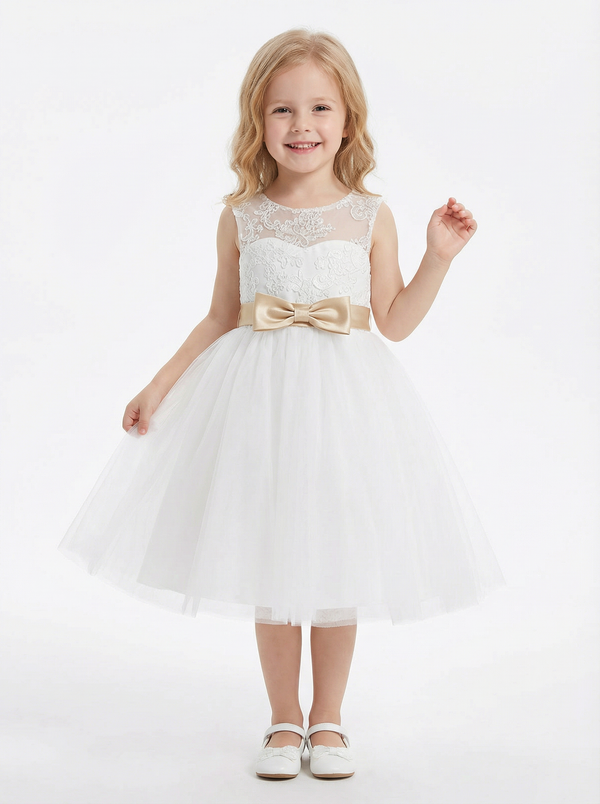 Sleeveless Lace Flower Girl Dress with Bow Waist, Classic A-Line Tulle Tea Length Design