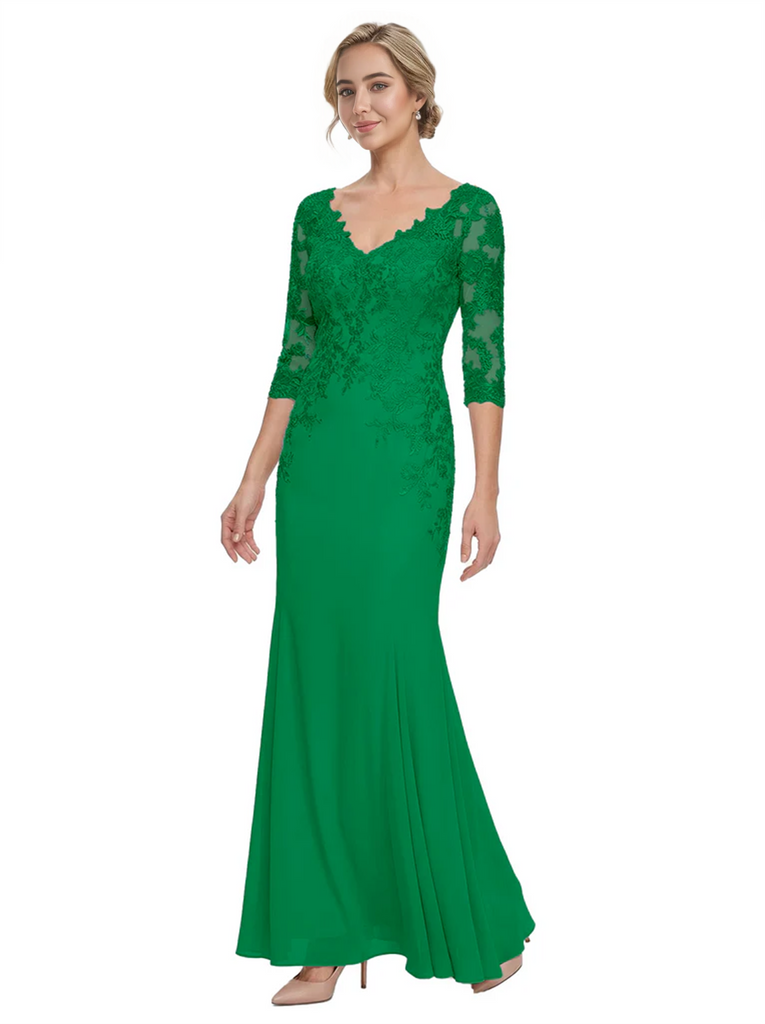 Mother of The Bride Gown V-Neck Half Sleeve Lace Chiffon Trumpet Maxi Dress Unique Sophisticated