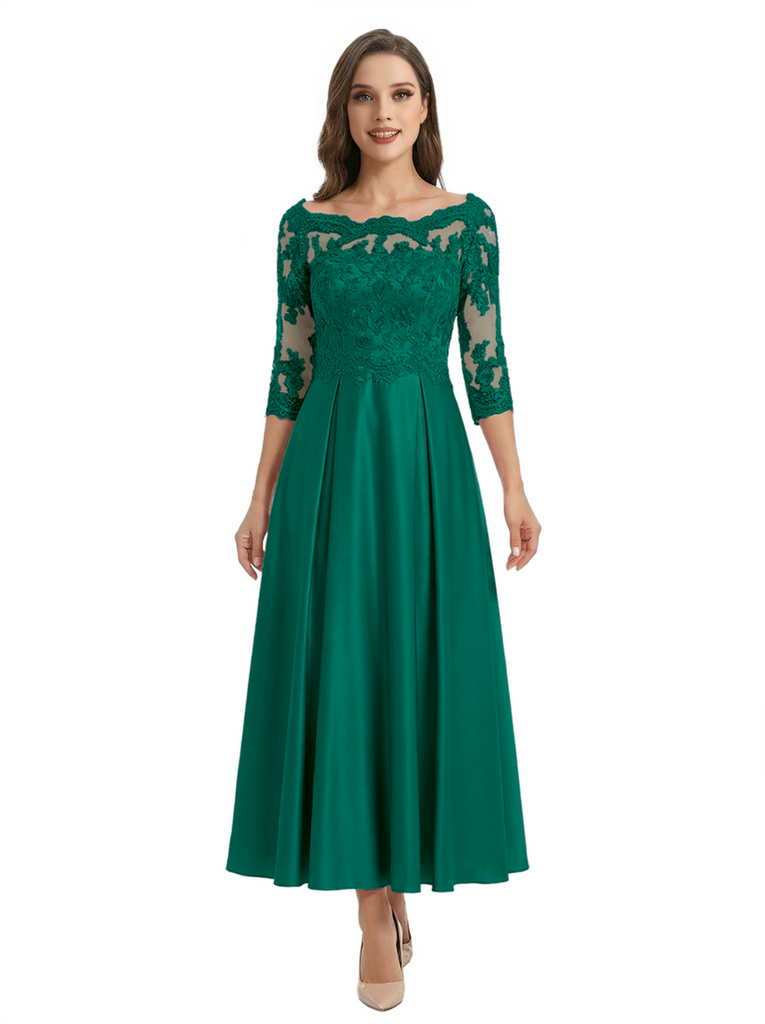 Mother of The Groom Dress Off Shoulder 3/4 Sleeve Lace Satin Midi Gown Classy Pleated
