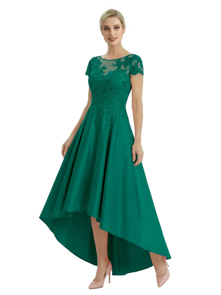 Elegant Mother of The Bride Dress Scoop Short Sleeve Lace Satin High-Low A-Line Gown