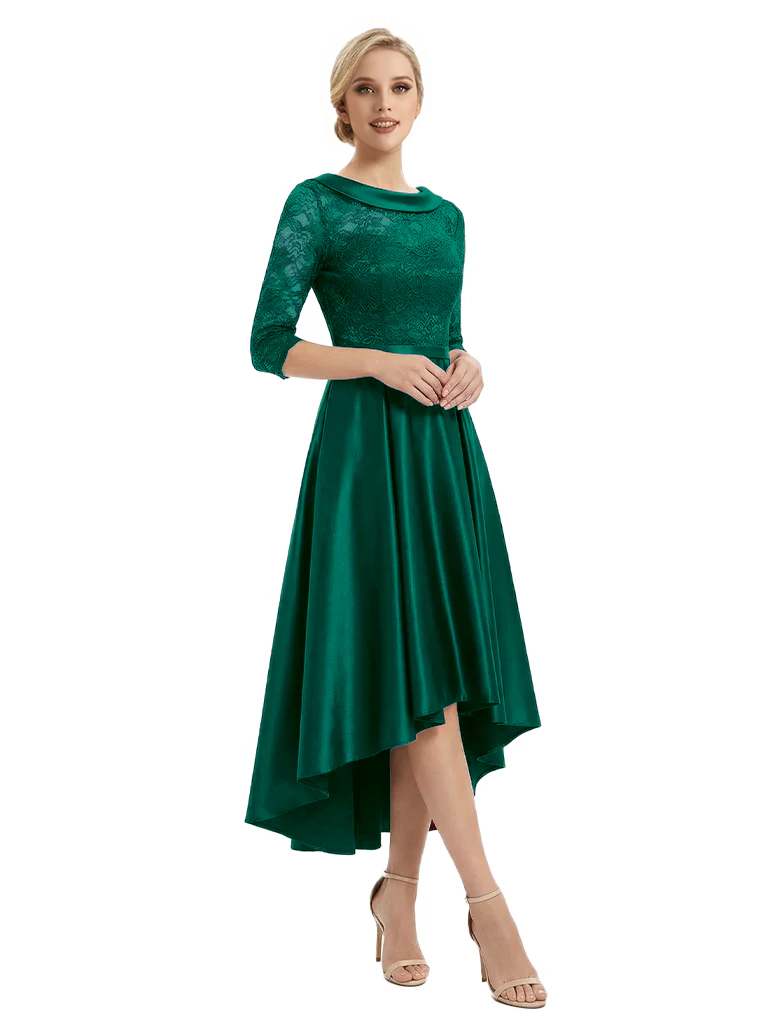 Elegant Boat Neck Satin Lace Mother Of The Bride Dresses High-Low A-Line Gowns