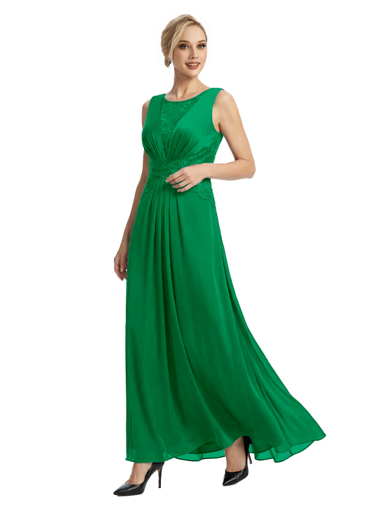 Mother of The Bride Dresses Scoop Sleeveless Lace Chiffon Maxi Gown Classy Ruched Formal Wedding Event Dress