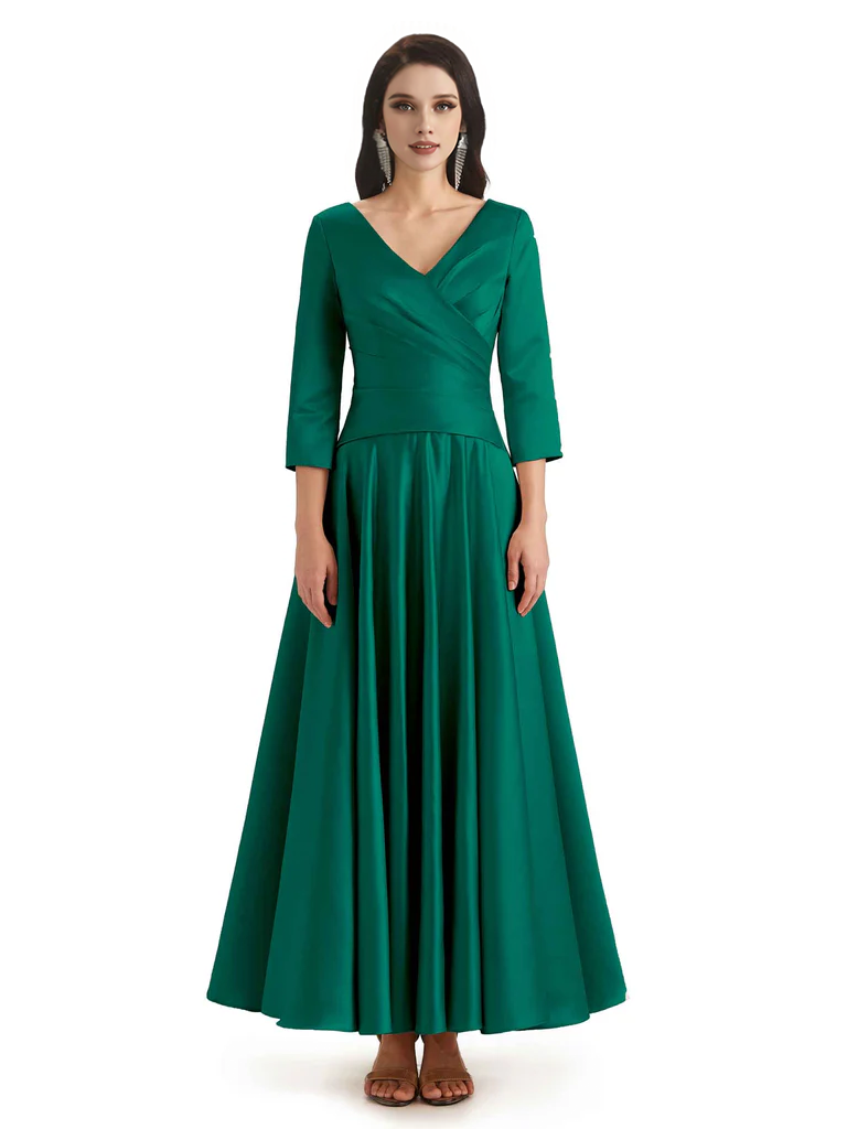 Elegant Soft Satin 3/4 Sleeves V-Neck Ankle Length Mother of The Bride Dresses