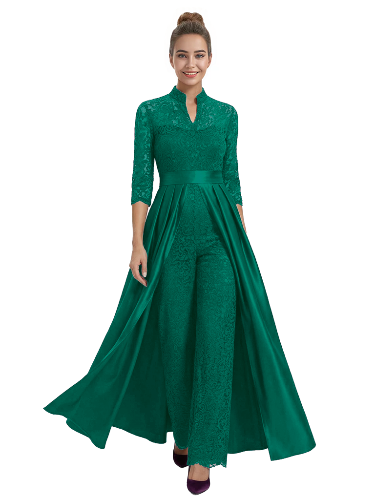 Mother of The Groom Outfit V-Neck 3/4 Sleeve Lace Pantsuit Satin Overskirt