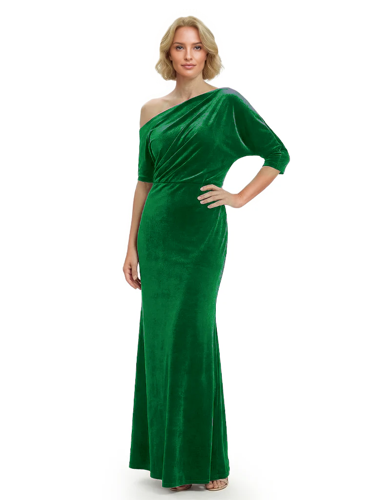 Sophisticated Asymmetrical Neckline Velvet Half Sleeves Maxi Mother Of The Groom Dress