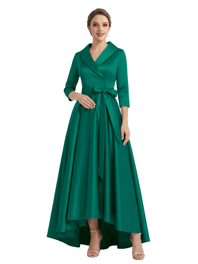 Modern High-Low 3/4 Sleeves Satin Mother Of The Bride Dress With Bow Knot