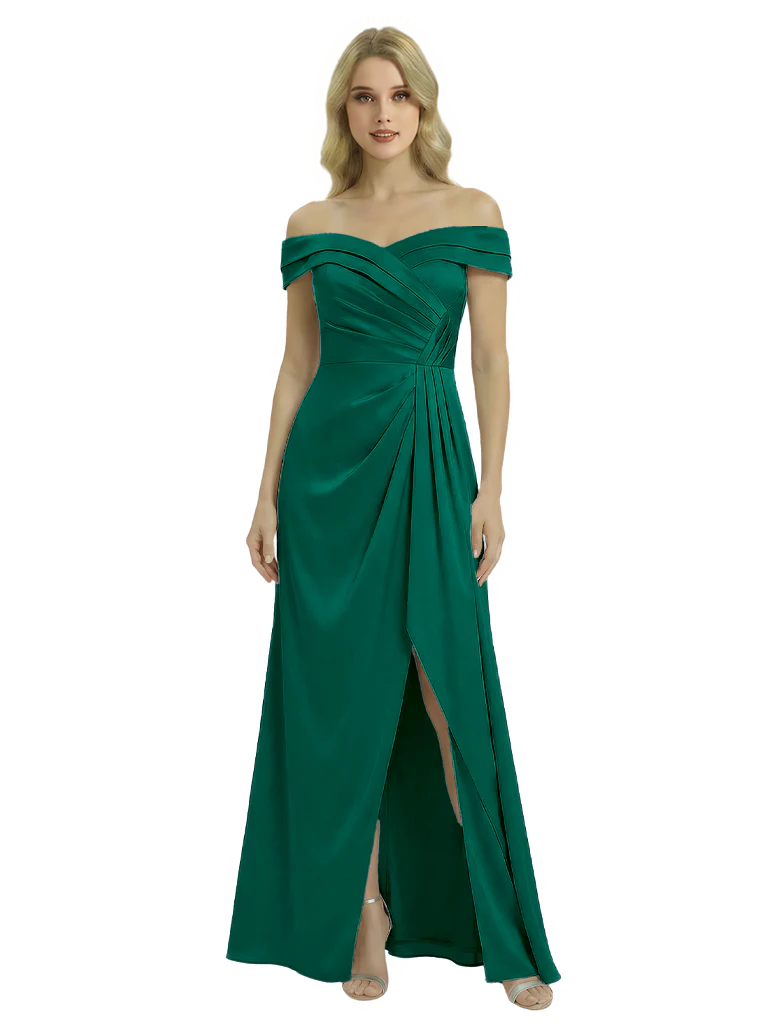 Off The Shoulder Mother Of The Groom Dresses Side Slit Satin Ruched A-Line Gown