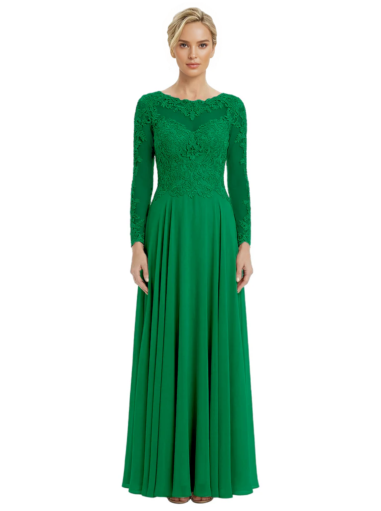 Mother of The Bride Dresses Scoop Long Sleeve Lace Chiffon Maxi Gown Pretty Embroidered Formal Wedding Event Attire