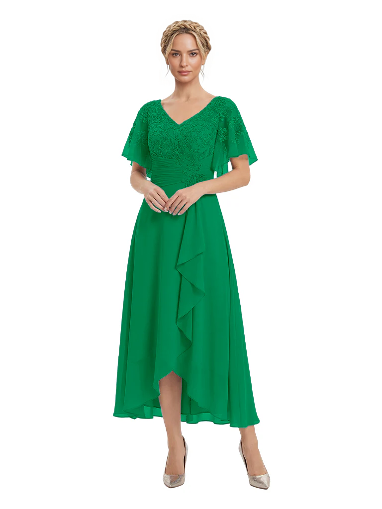 Unique Flutter Sleeves Lace Beaded Short Mother of the Groom Dresses