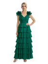 Mother of The Bride Dresses V-Neck Sleeveless Satin Tiered Maxi Gown Unique Flower Detailed Formal Wedding Event Attire