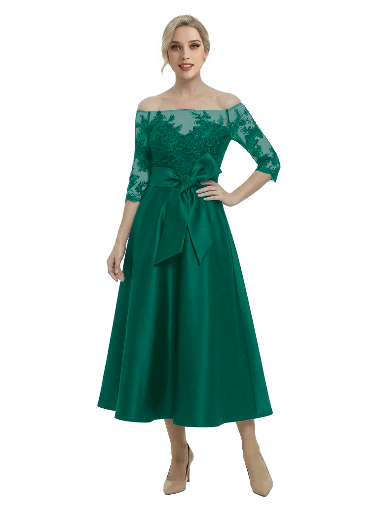 Unique Off Shoulder Tea-Length Satin Mother Of The Bride Dress With Lace Illusion