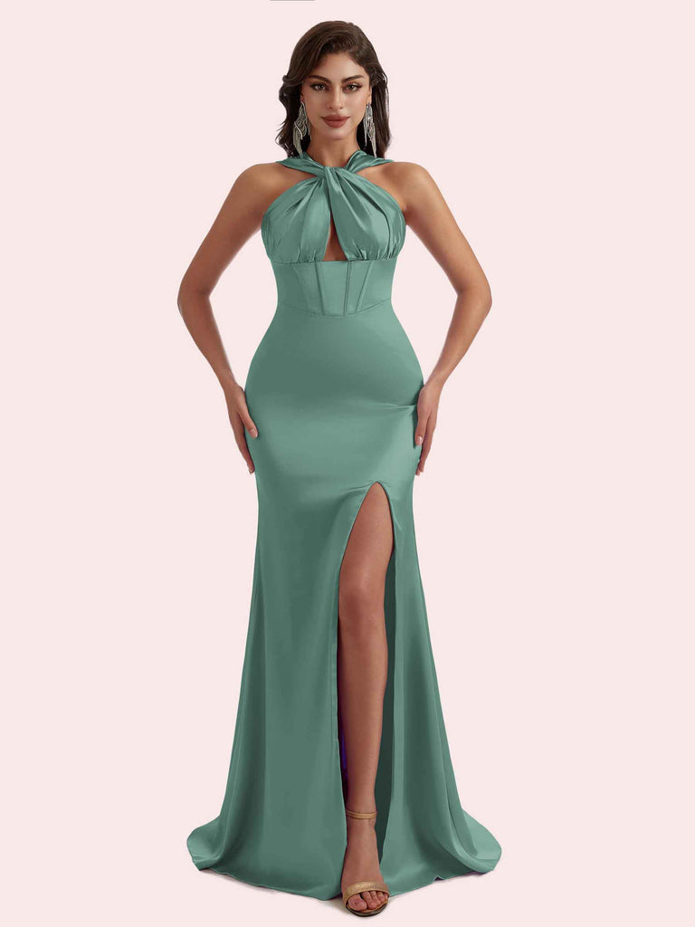 Sexy Mermaid Halter Side Slit Soft Satin Long Bridesmaid Dress for Wedding Sexy Mermaid Halter Side Slit Soft Satin Long Bridesmaid Dress for Wedding