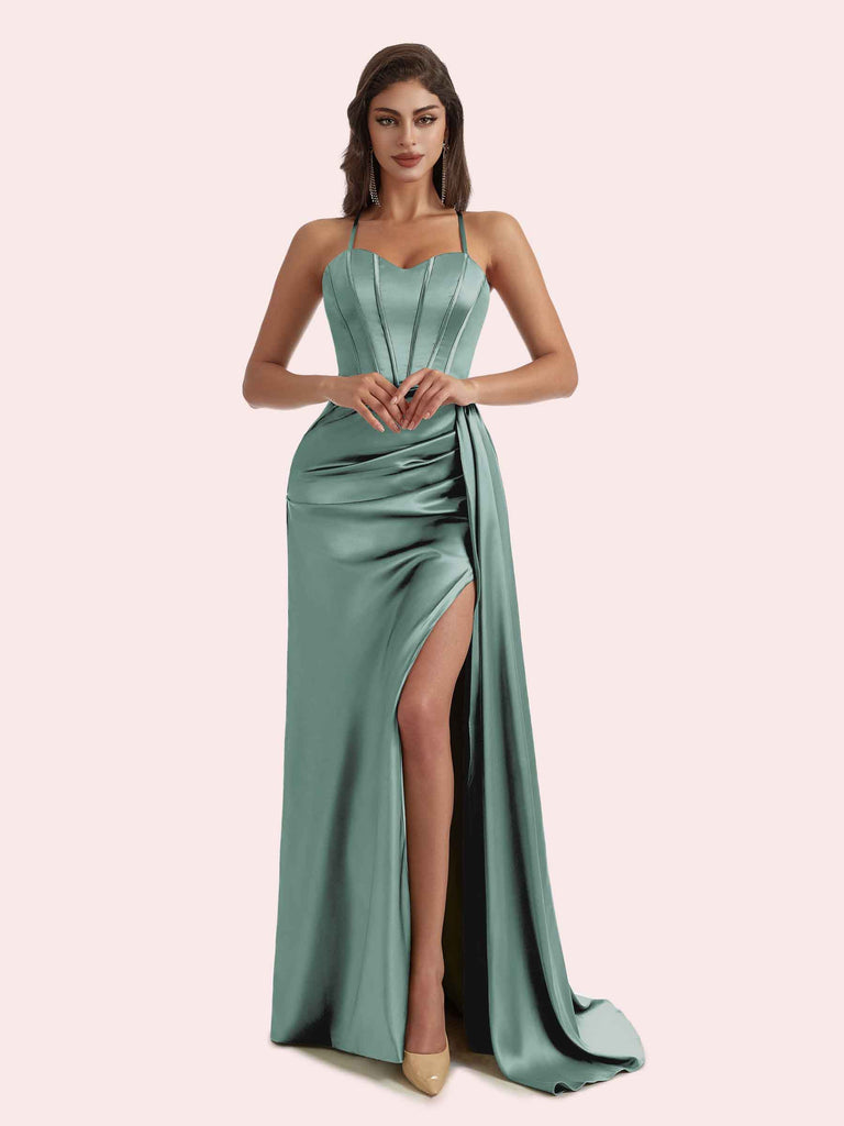 Elegant Sweetheart Mermaid Pleats Side Slit Spaghetti Strap Soft Satin Long Bridesmaid Dress For Wedding Elegant Sweetheart Mermaid Pleats Side Slit Spaghetti Strap Soft Satin Long Bridesmaid Dress For Wedding