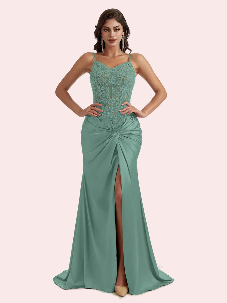 Gorgeous V Neck Lace Appliques Mermaid Pleats Front Slit Soft Satin Long Bridesmaid Dress For Wedding Gorgeous V Neck Lace Appliques Mermaid Pleats Front Slit Soft Satin Long Bridesmaid Dress For Wedding