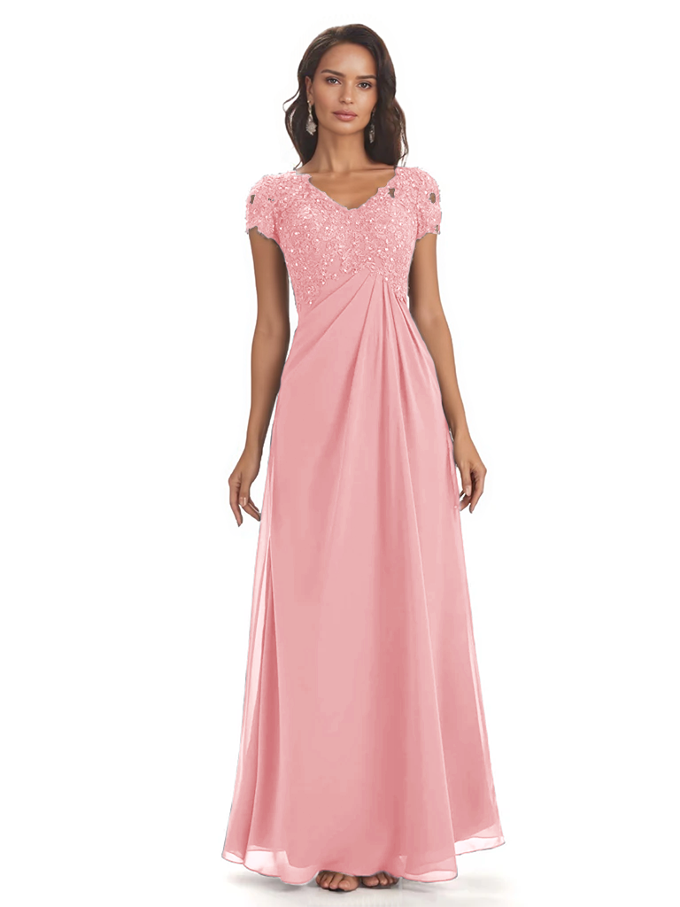 Elegant Short Sleeves Beaded Pleats A-line Floor-Length Mother of The Bride Dresses