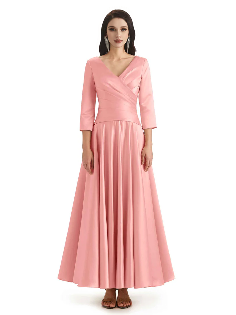 Elegant Soft Satin 3/4 Sleeves V-Neck Ankle Length Mother of The Bride Dresses